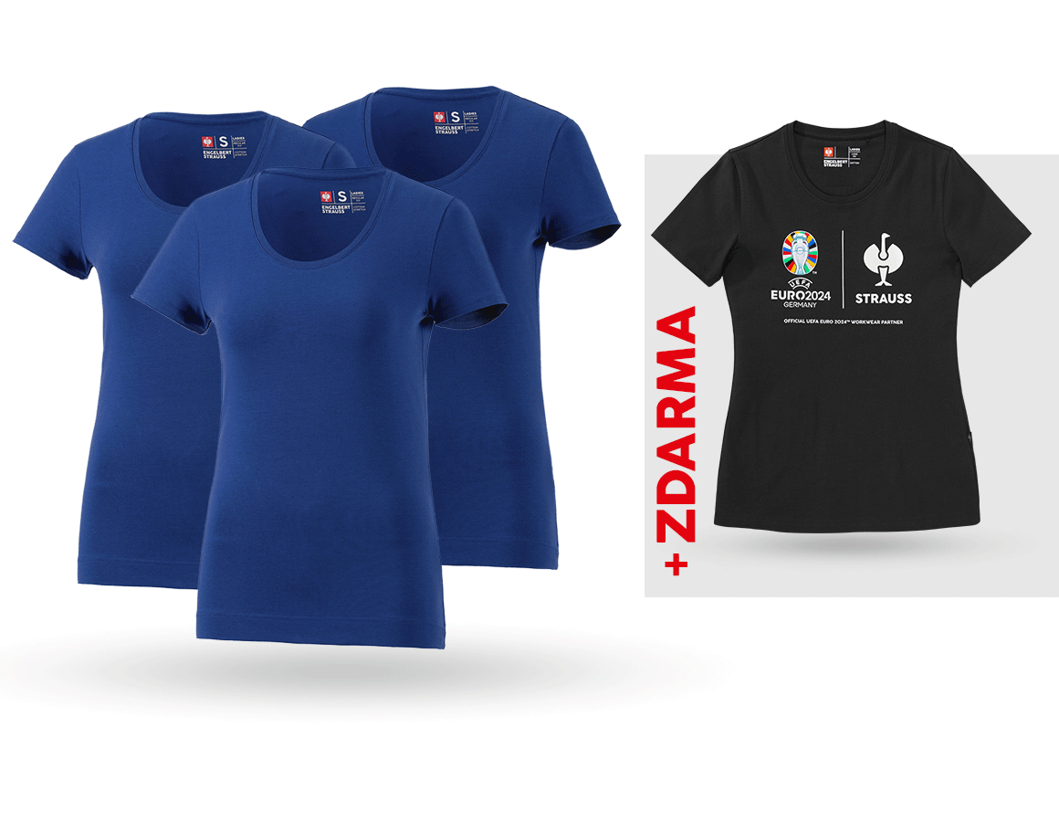 Oděvy: SADA: 3x bavlněné streč. triko, dámské + triko + modrá chrpa