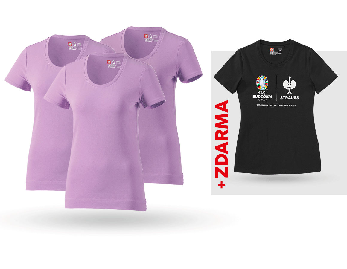 Oděvy: SADA: 3x bavlněné streč. triko, dámské + triko + levandulová