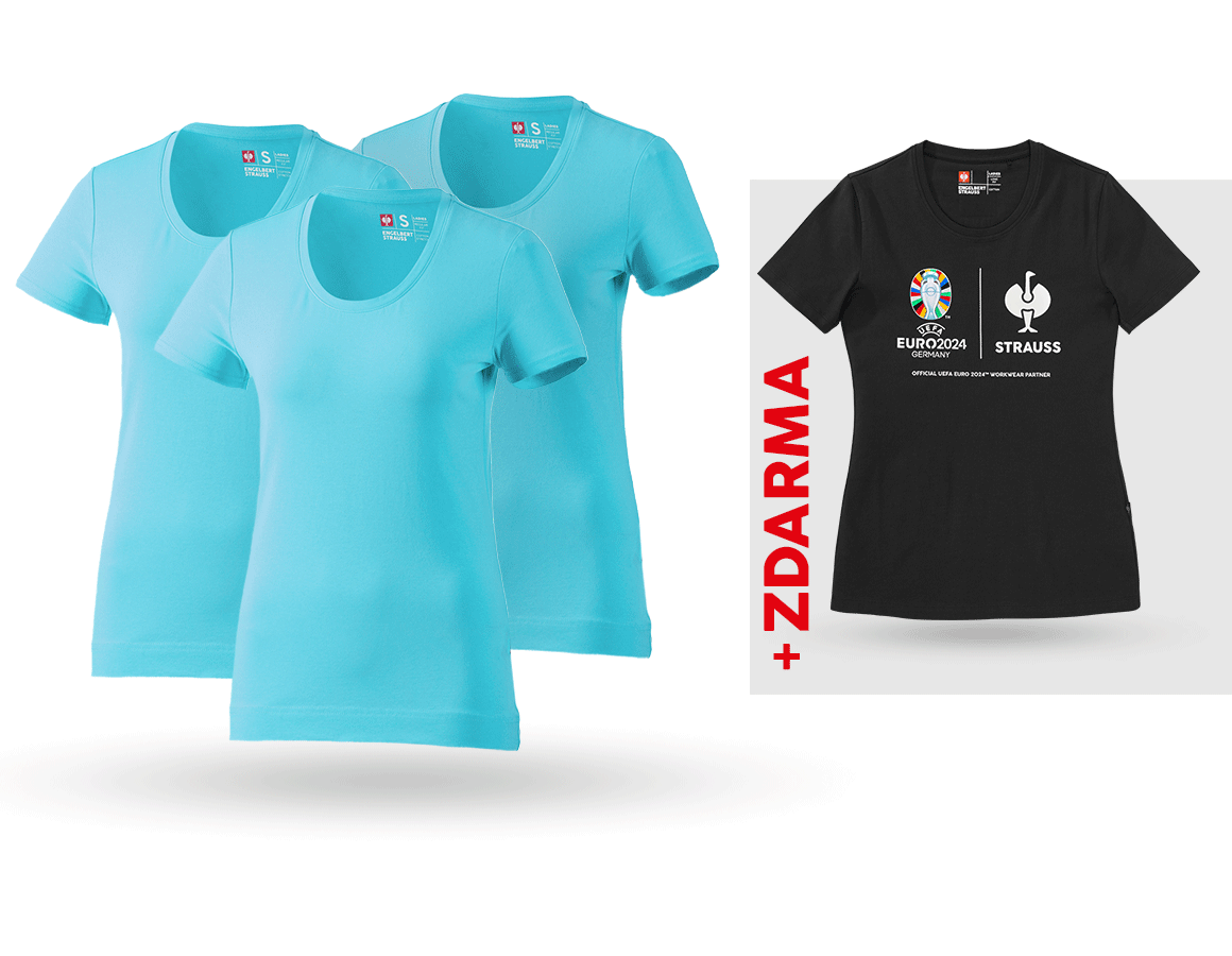 Oděvy: SADA: 3x bavlněné streč. triko, dámské + triko + modrá capri