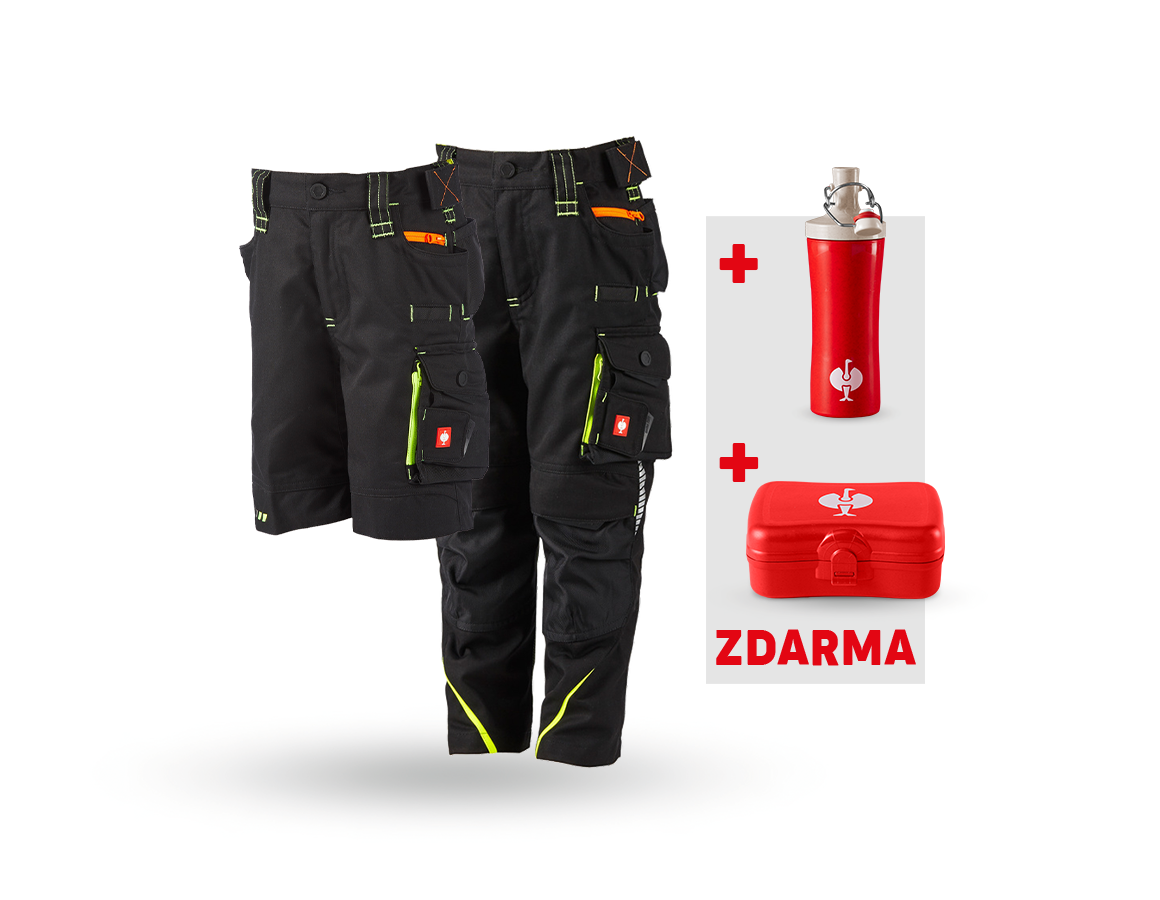 Oděvy: SADA: Dět.kalhoty e.s.motion+Šortky+Krabička+Láhev + černá/výstražná žlutá/výstražná oranžová