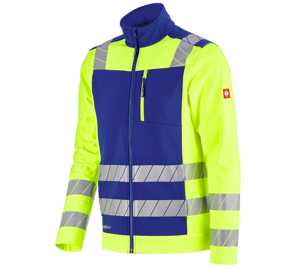 Pracovní bundy: Výstražná softshellová bunda e.s.motion 24/7 + modrá chrpa/výstražná žlutá