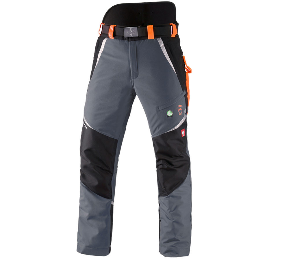 Pracovní kalhoty: e.s. Lesnické protipořezové kalhoty do pasu, KWF + šedá/výstražná oranžová