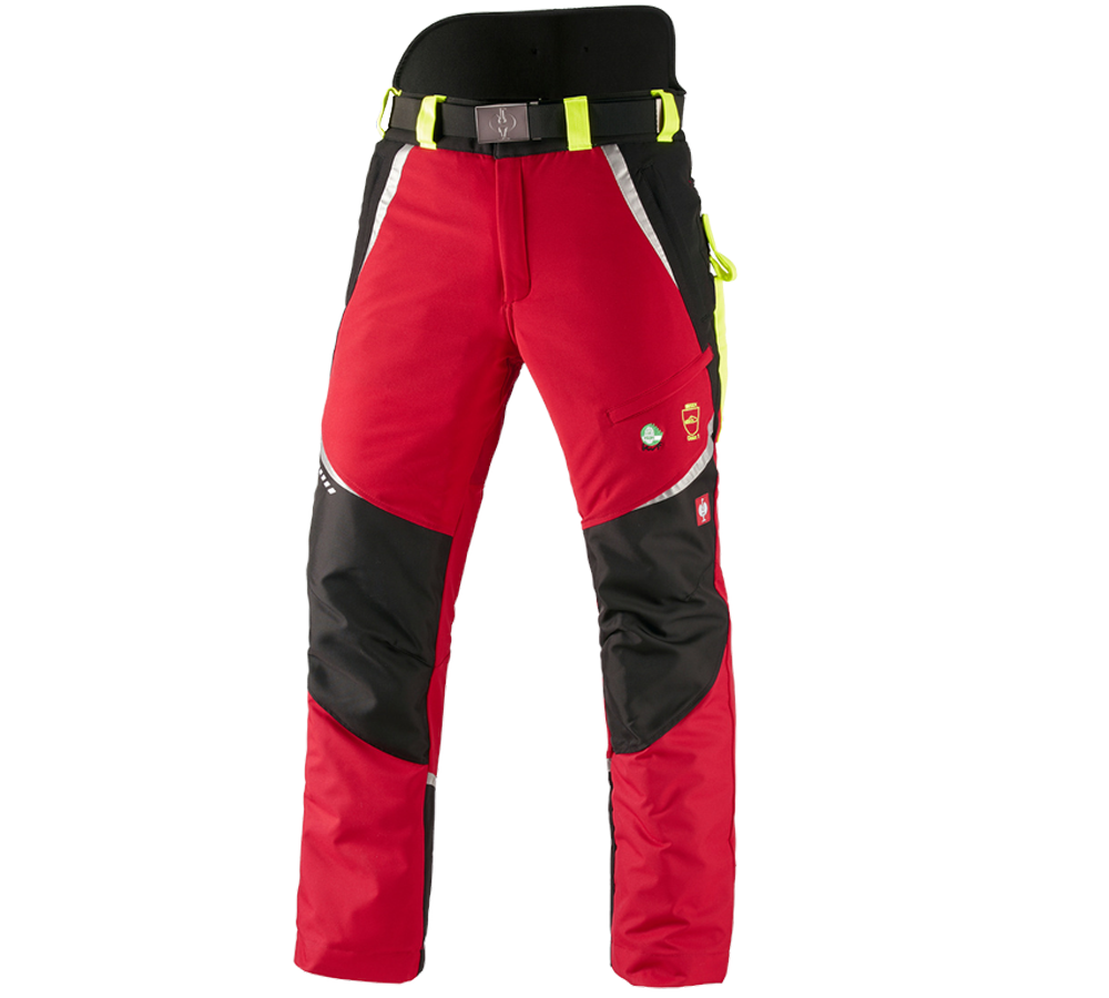 Pracovní kalhoty: e.s. Lesnické protipořezové kalhoty do pasu, KWF + červená/výstražná žlutá