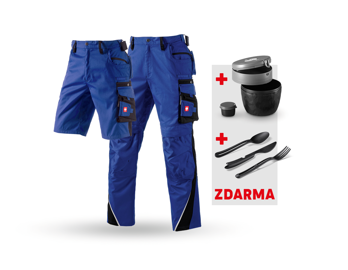 Oděvy: SADA:Kalhoty + Šortky e.s.motion + Krabička+Příbor + modrá chrpa/černá