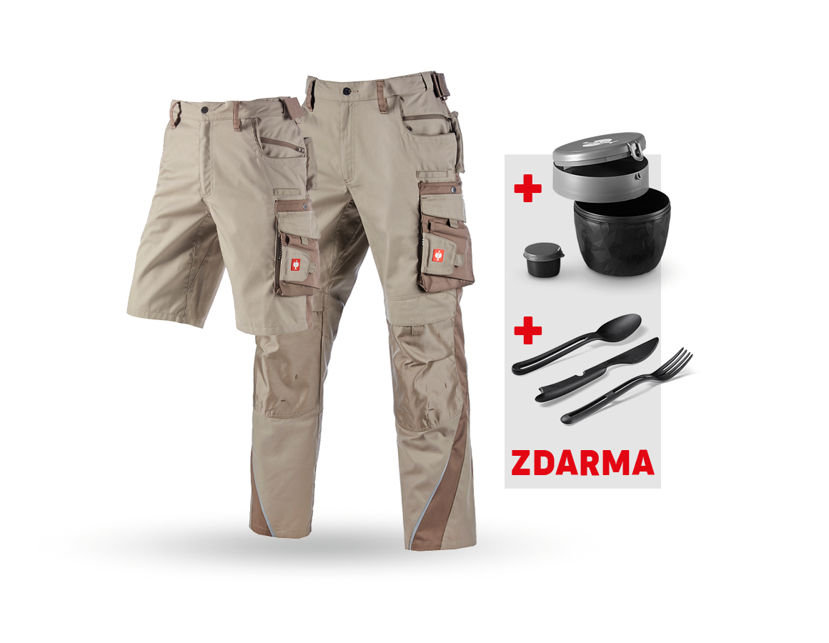 Oděvy: SADA:Kalhoty + Šortky e.s.motion + Krabička+Příbor + jíl/rašelina