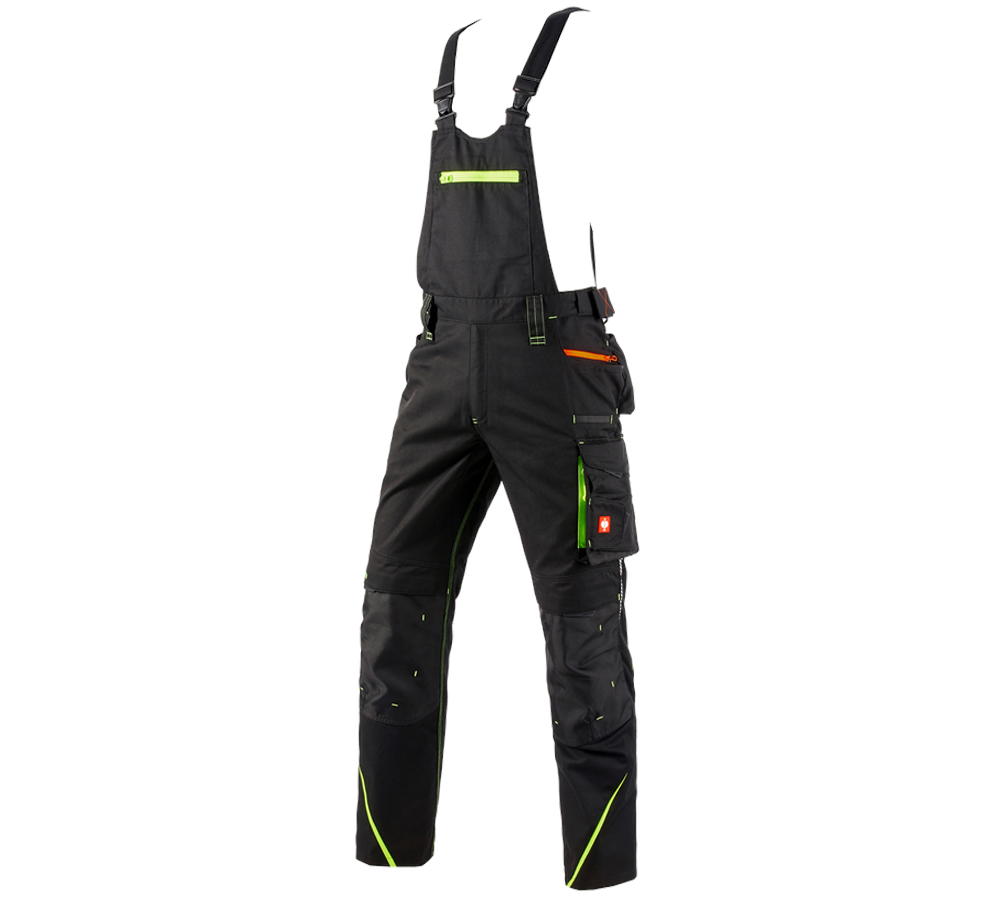 Pracovní kalhoty: Kalhoty s laclem e.s.motion 2020 + černá/výstražná žlutá/výstražná oranžová