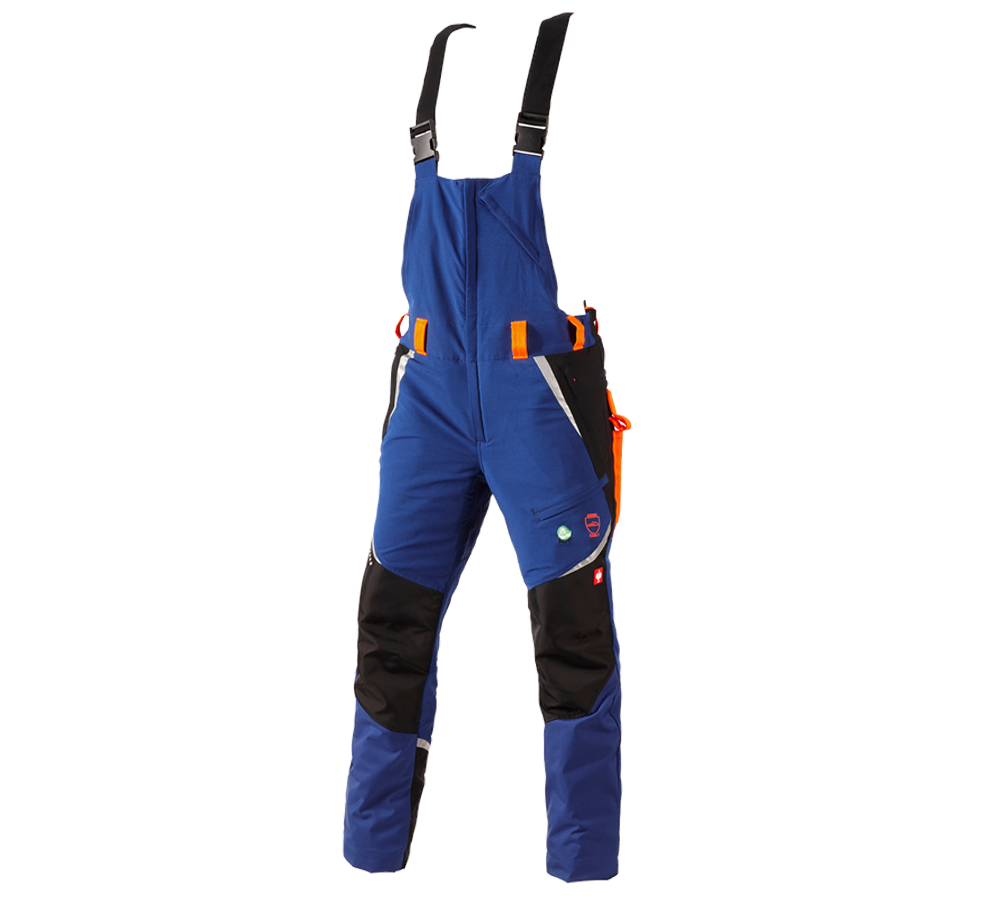 Pracovní kalhoty: e.s. Lesnické protipořezové kalhoty s laclem, KWF + modrá chrpa/výstražná oranžová