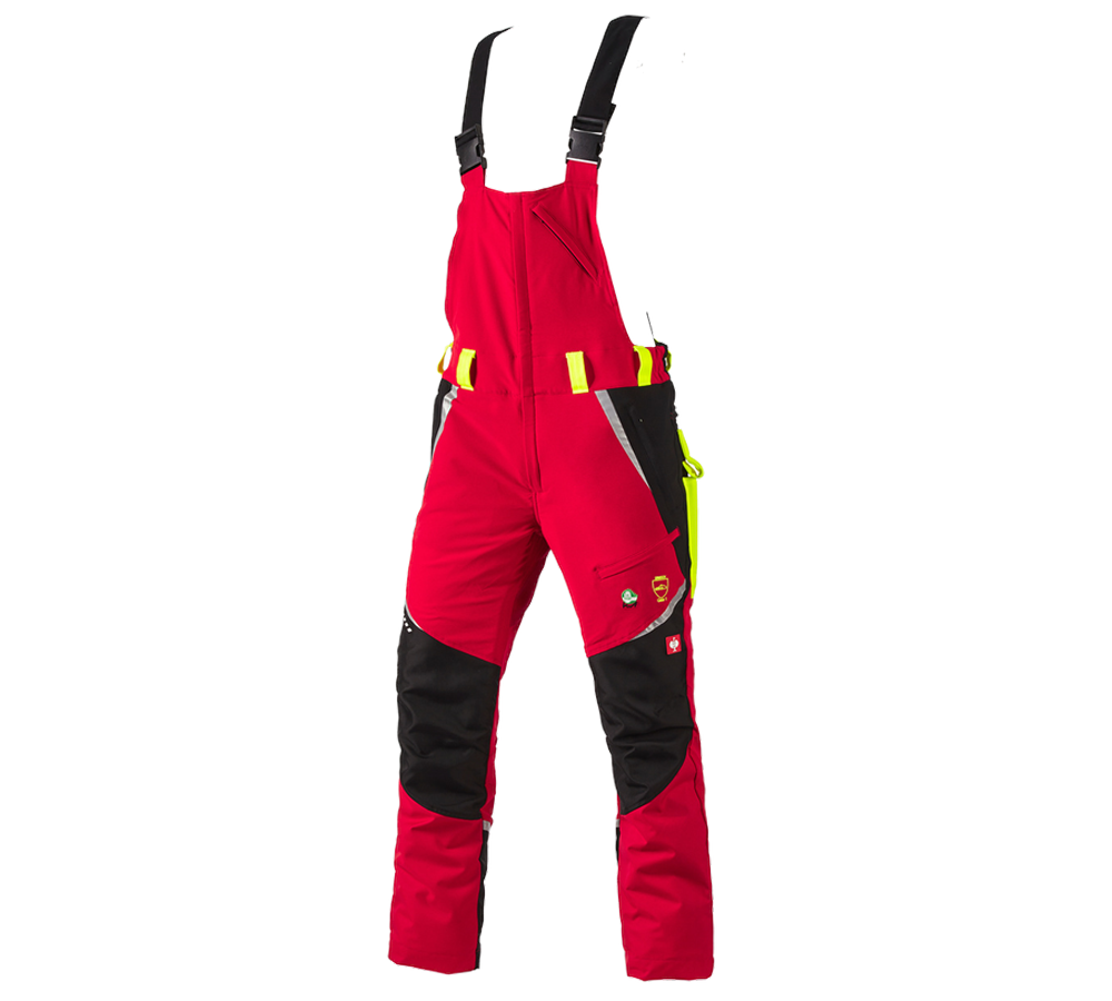 Pracovní kalhoty: e.s. Lesnické protipořezové kalhoty s laclem, KWF + červená/výstražná žlutá