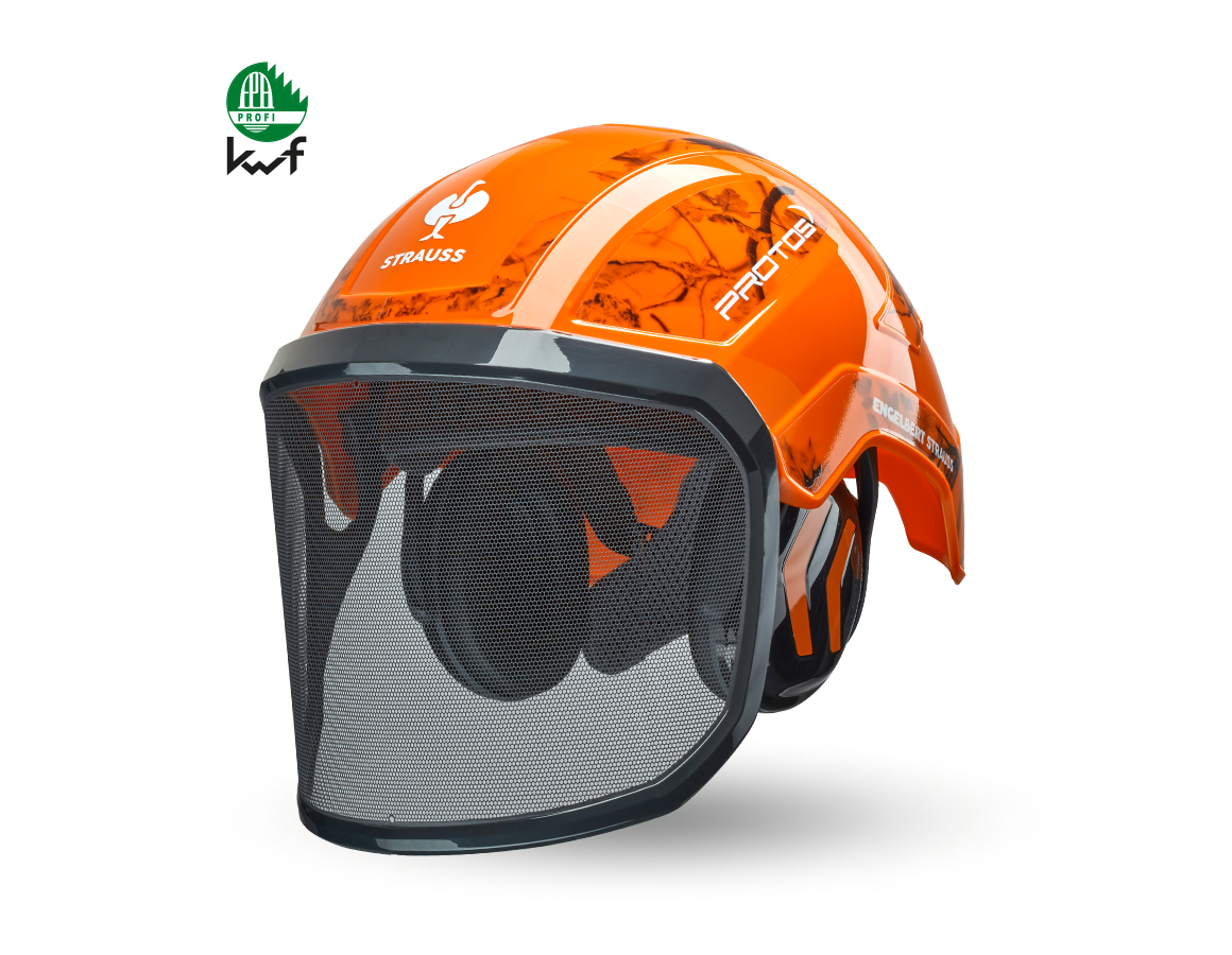 Ochranné přilby: e.s. Lesnická helma Protos® + výstražná oranžová woodprint