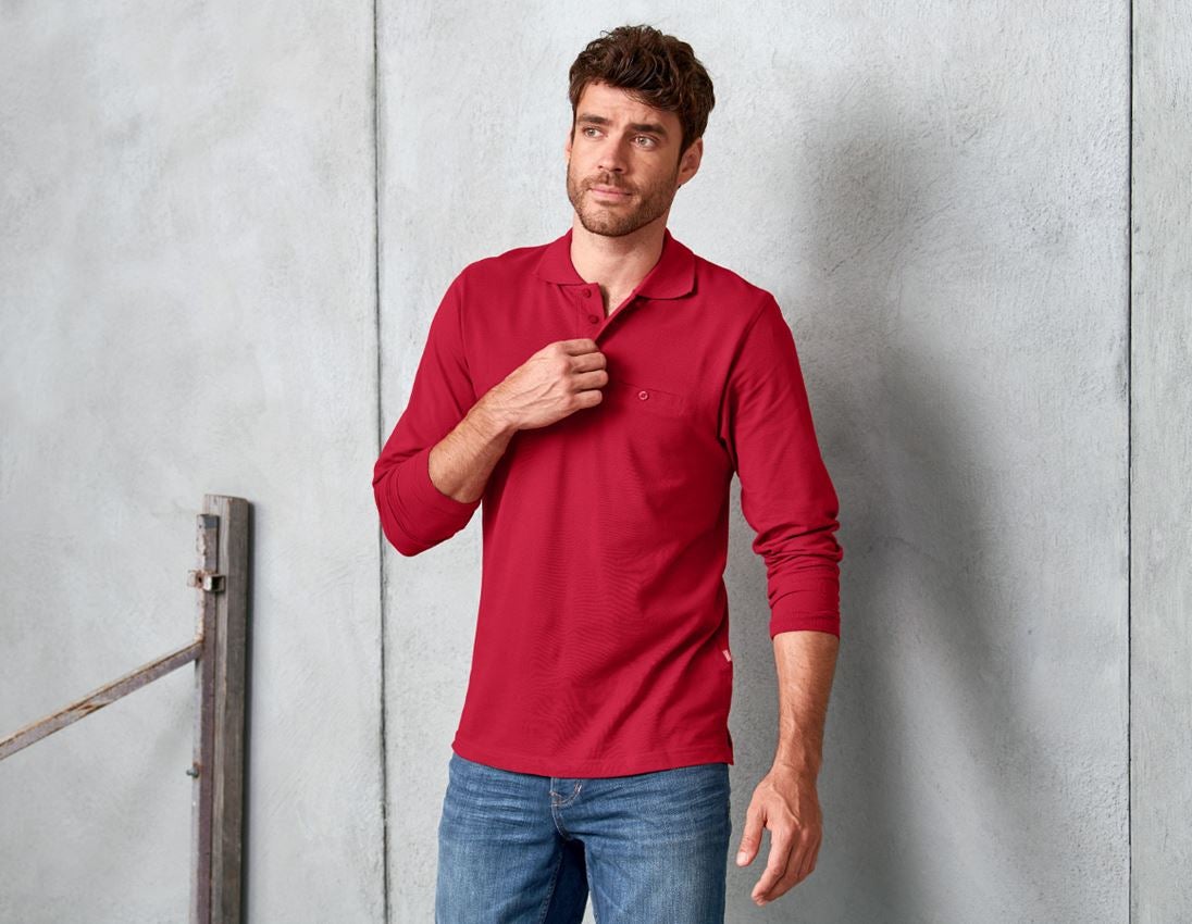 Témata: e.s. Longsleeve-Polo tričko cotton Pocket + červená