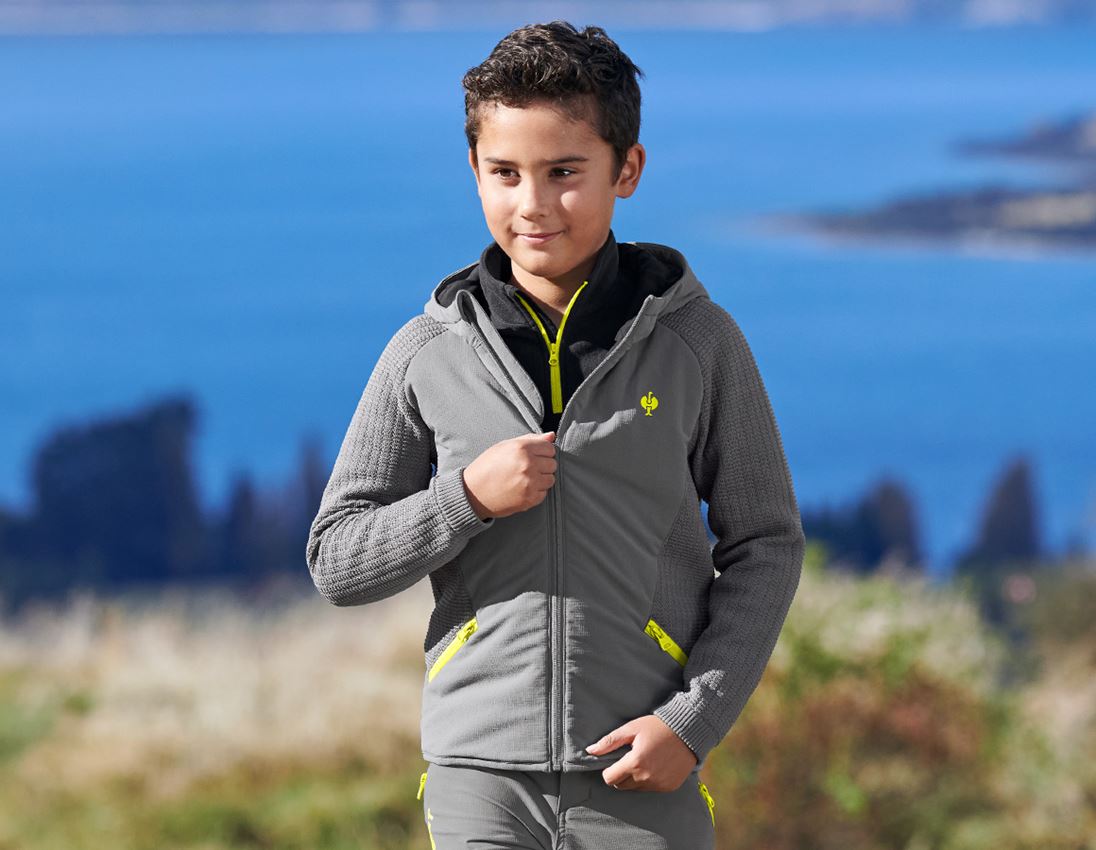 Bundy: Úpletová bunda s kapucí hybrid e.s.trail, dětský + čedičově šedá/acidově žlutá