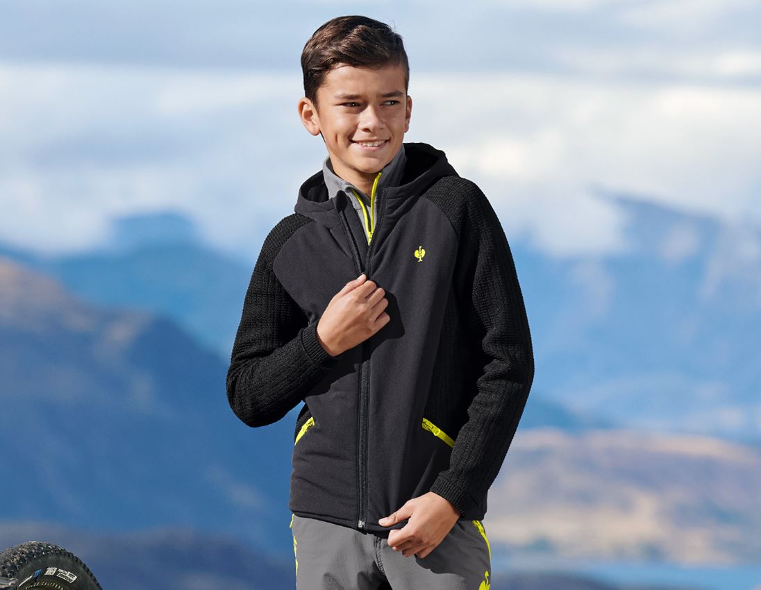Bundy: Úpletová bunda s kapucí hybrid e.s.trail, dětský + černá/acidově žlutá