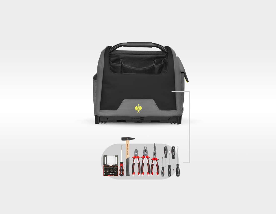 STRAUSSbox Systém: Sada nářadí + taška na nářadí STRAUSSbox, otevřená + čedičově šedá/acidově žlutá