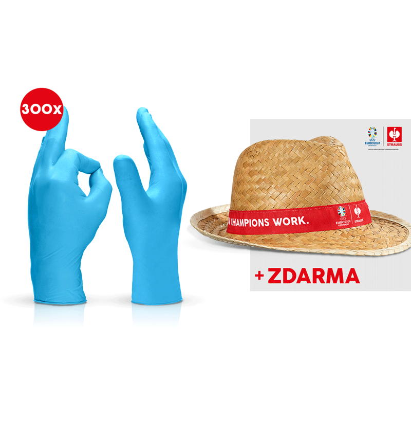 Spolupráce: 3x100 Jednoráz. latex. rukavice + klobouk EURO2024 + modrá