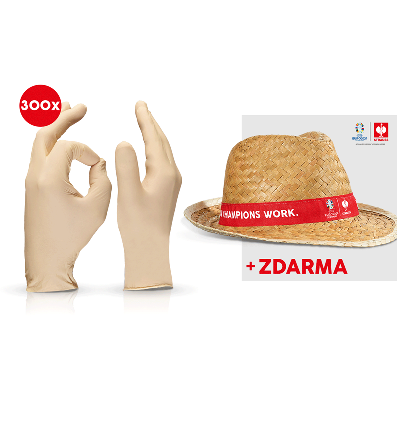 Spolupráce: 3x100 Jednoráz. latex. rukavice + klobouk EURO2024 + přírodní