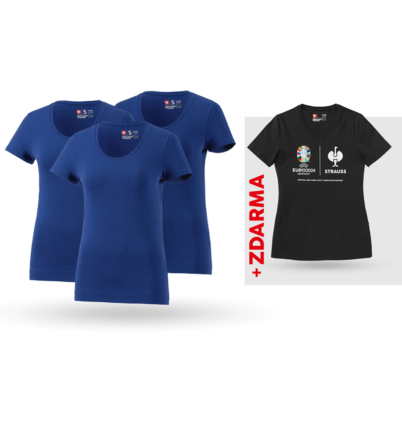 Oděvy: SADA: 3x bavlněné streč. triko, dámské + triko + modrá chrpa