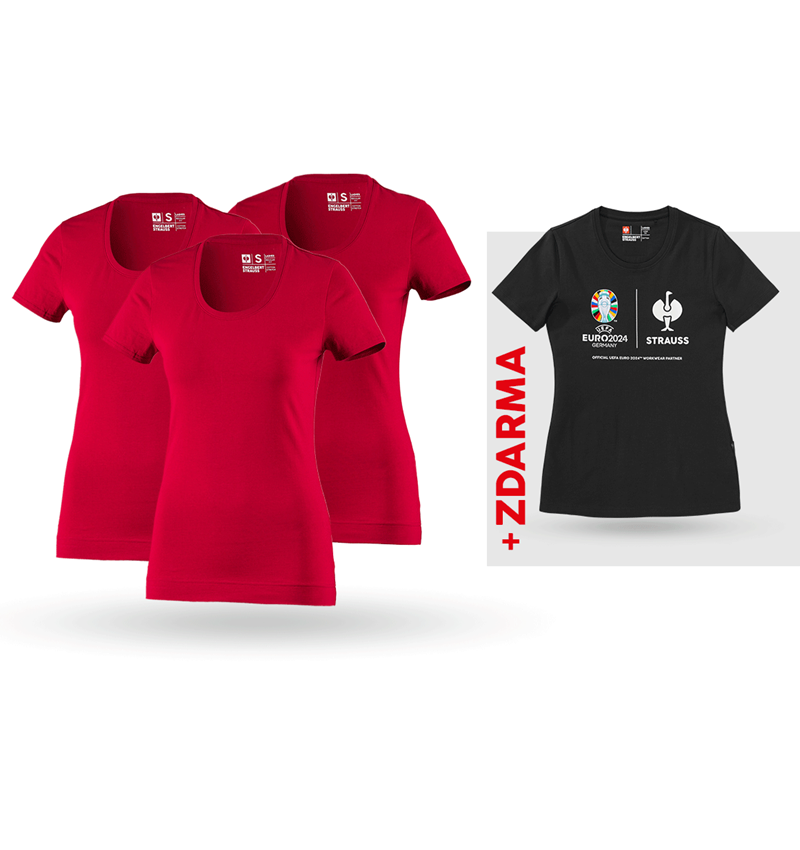 Oděvy: SADA: 3x bavlněné streč. triko, dámské + triko + ohnivě červená