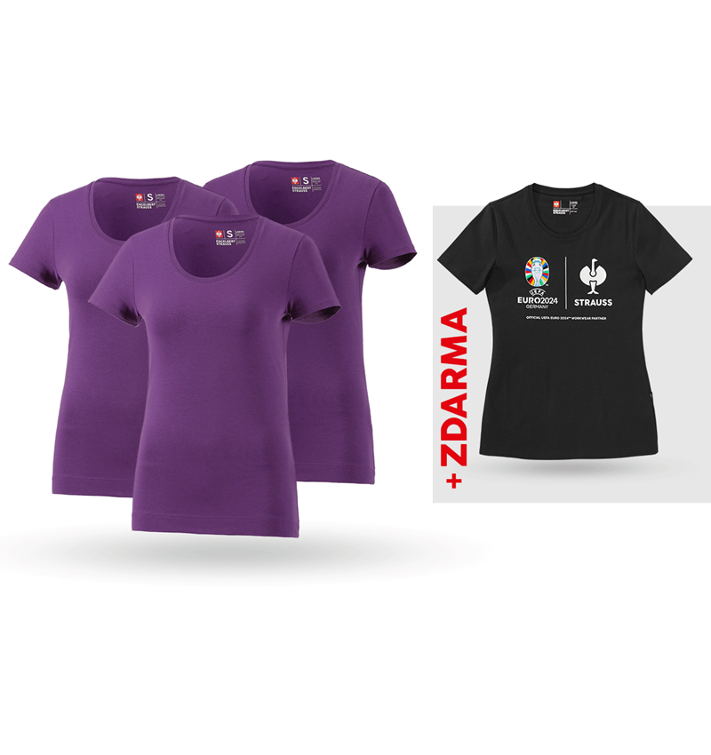 Oděvy: SADA: 3x bavlněné streč. triko, dámské + triko + fialová