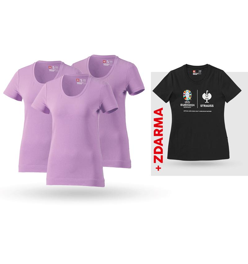 Oděvy: SADA: 3x bavlněné streč. triko, dámské + triko + levandulová