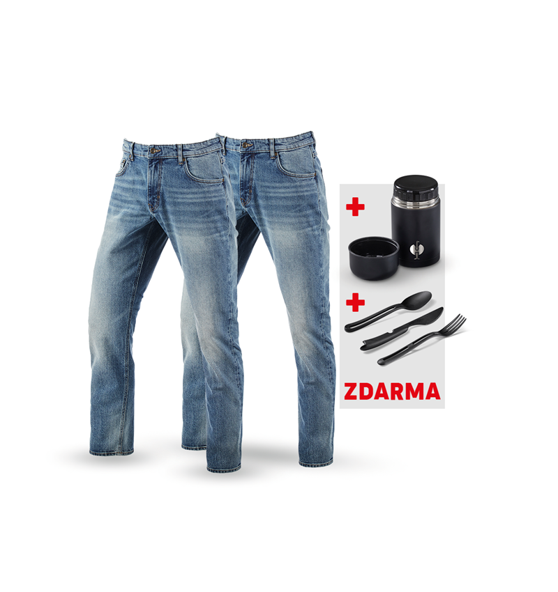 Oděvy: SADA: 2x5kapsové džíny straight + Krabička +Příbor + stonewashed