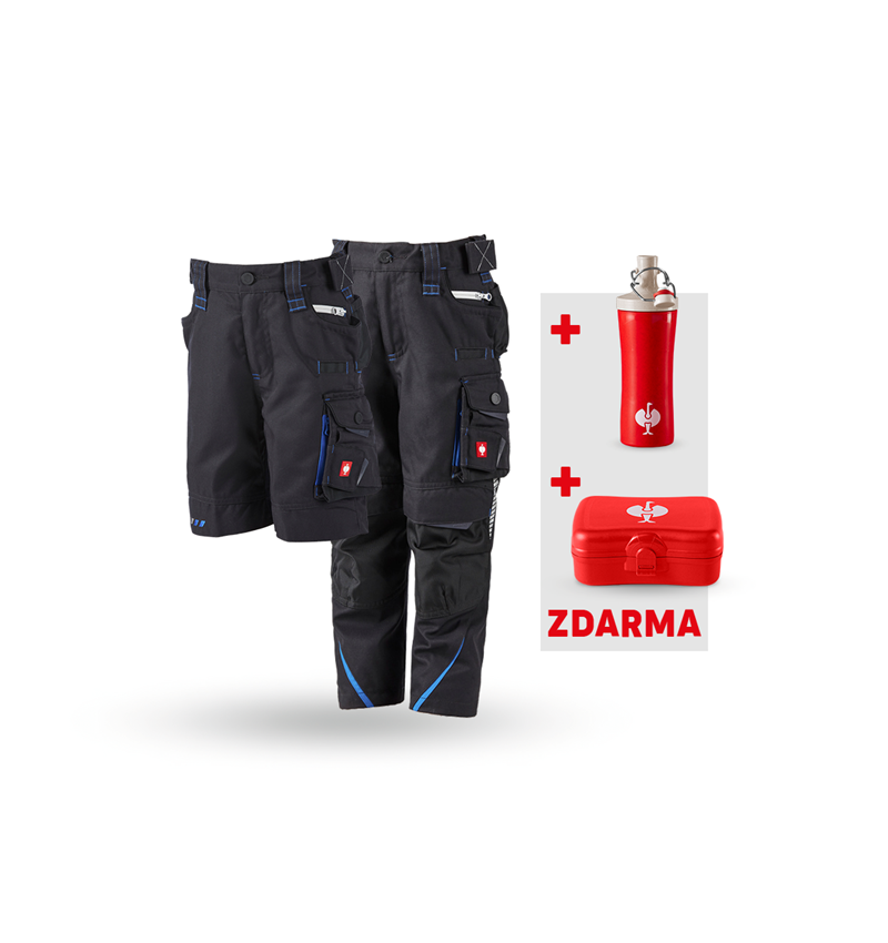 Oděvy: SADA: Dět.kalhoty e.s.motion+Šortky+Krabička+Láhev + grafit/enciánově modrá