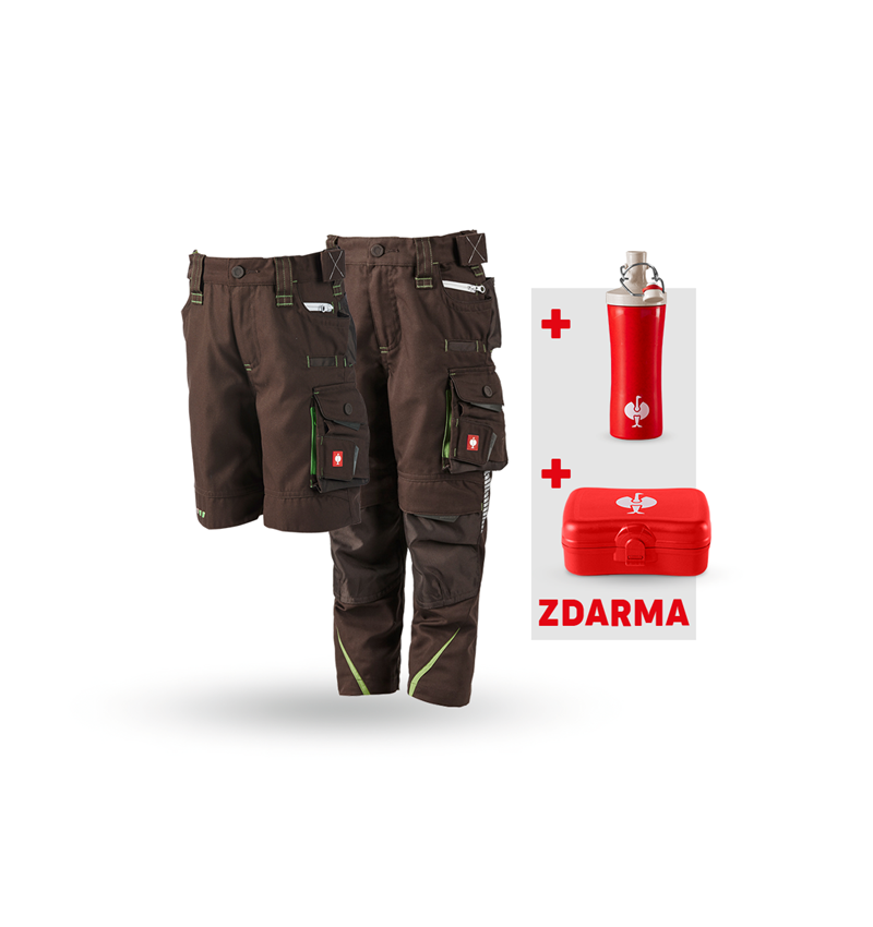 Oděvy: SADA: Dět.kalhoty e.s.motion+Šortky+Krabička+Láhev + kaštan/mořská zelená