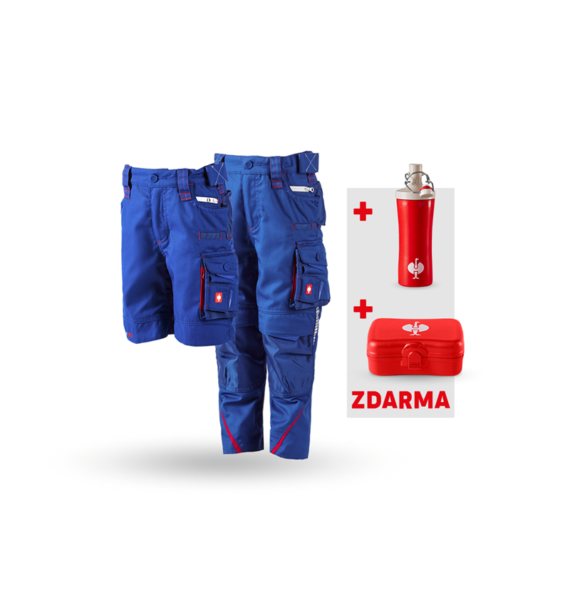 Oděvy: SADA: Dět.kalhoty e.s.motion+Šortky+Krabička+Láhev + modrá chrpa/ohnivě červená