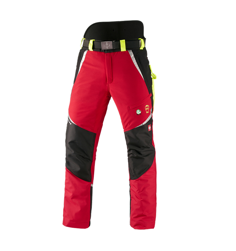 Pracovní kalhoty: e.s. Lesnické protipořezové kalhoty do pasu, KWF + červená/výstražná žlutá 2
