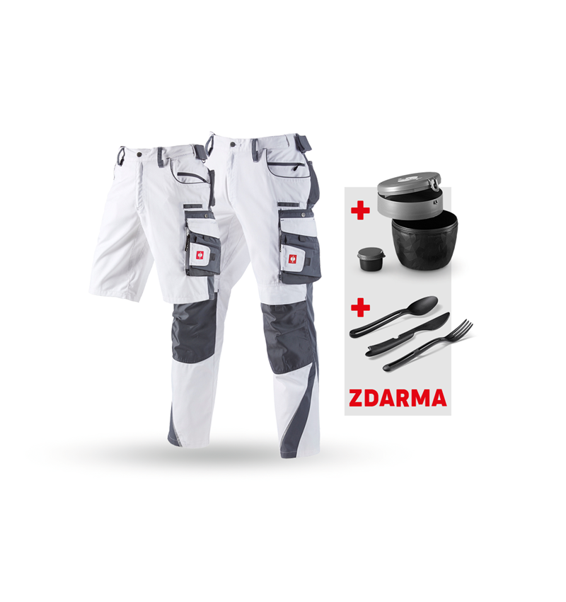 Oděvy: SADA:Kalhoty + Šortky e.s.motion + Krabička+Příbor + bílá/šedá