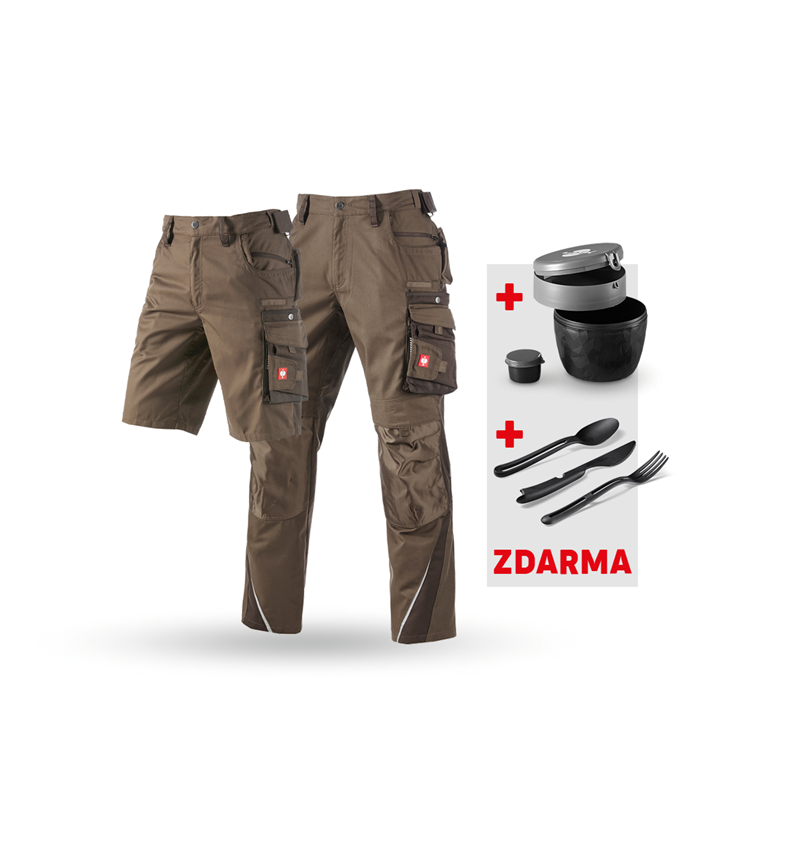 Oděvy: SADA:Kalhoty + Šortky e.s.motion + Krabička+Příbor + lískový oříšek/kaštan