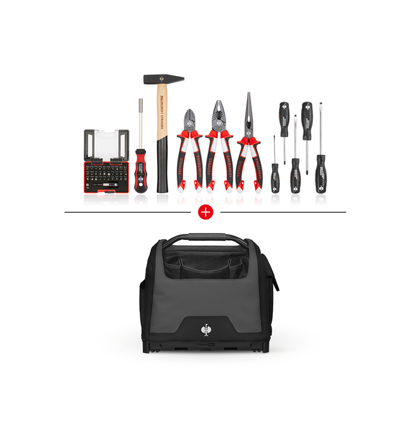 STRAUSSbox Systém: Sada nářadí + taška na nářadí STRAUSSbox, otevřená + černá