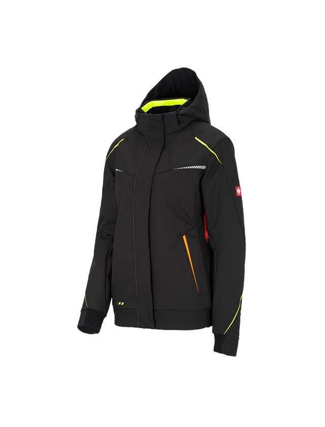 Pracovní bundy: Zimní softshellová bunda e.s.motion 2020, dámská + černá/výstražná žlutá/výstražná oranžová
